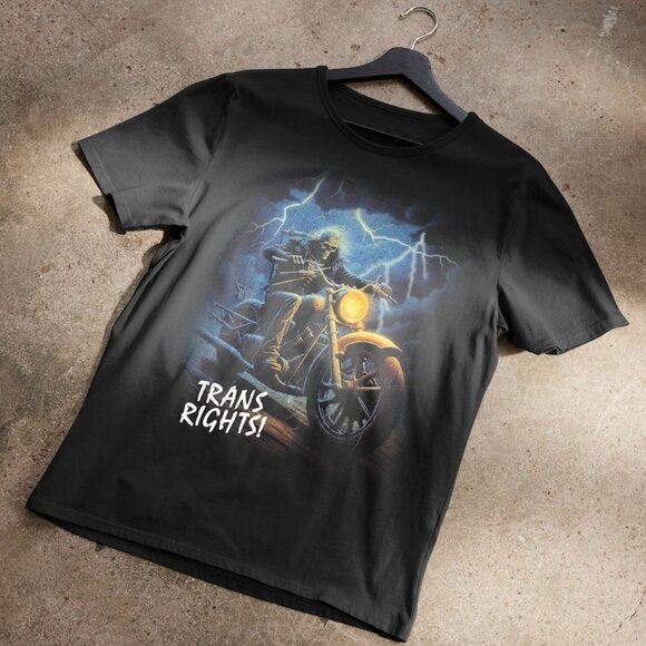 Trans Rights Skeleton Riding Motorcycle Through Lightning Bold Statement Tee 159 - Picture 1 of 5